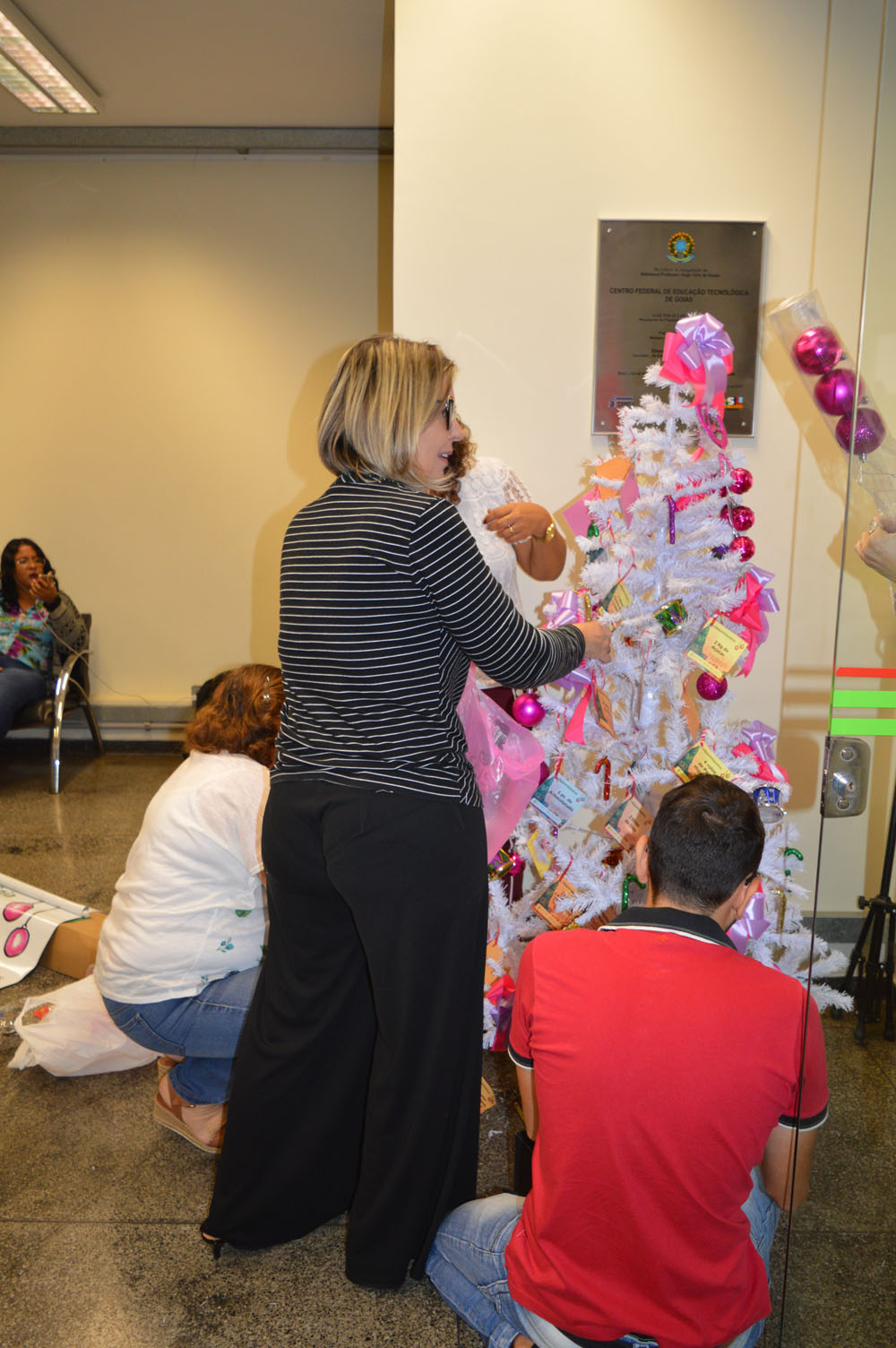 Servidores ajudam na montagem da árvore de natal, onde serão depositadas as doações da campanha
