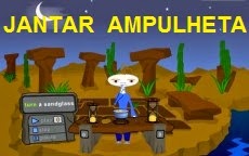 Texto alternativo: Boneco cozinhando ao ar livre com pedras grandes e cactus ao fundo com duas ampulhetas sobre a mesa. Escrito: Jantar Ampulheta.