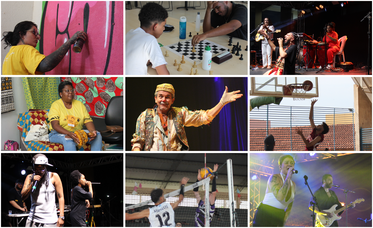 Mosaico de fotos da edição de 2024 do JIF Goiás, do Encontro de Culturas Negras e do Festival de Artes