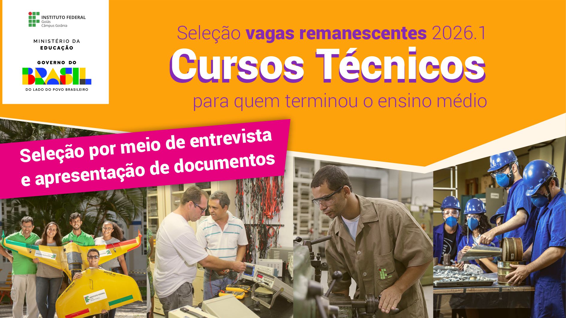 Câmpus Goiânia recebe inscrições para o preenchimento de 70 vagas remanescentes distribuídas nos cursos técnicos subsequentes em Agrimensura, Eletrotécnica, Mecânica e Mineração.